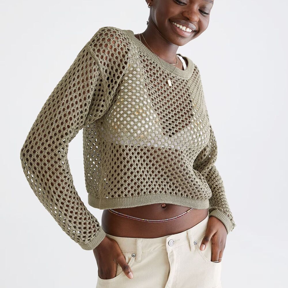 Aeropostale Mesh Cropped Open Knit Sweater Womens M Sage Green Y2K Grunge